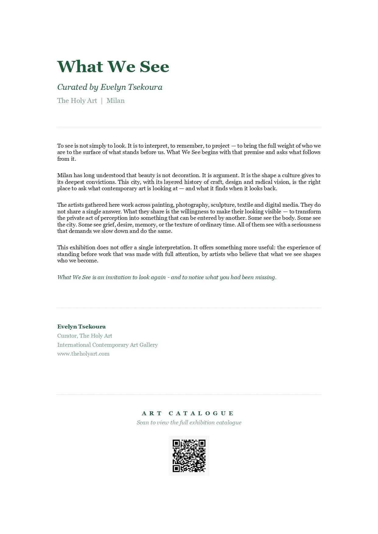 A page from an art gallery catalog titled 'What We See,' curated by Evelyn Tsekoura, featuring a quote, artist's biography, and a QR code for the art catalog.