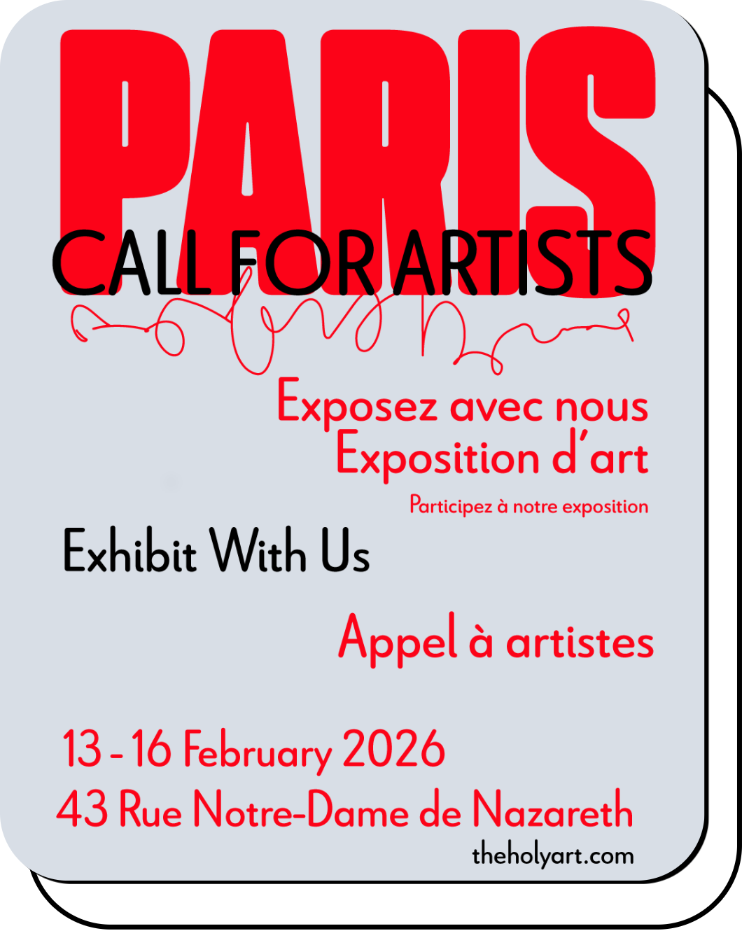 A promotional poster for an art exhibition in Paris featuring a stylized large white 'P' with a cartoon angel dressed in white with black sunglasses and a halo, sitting on the letter. The background is red with a blue band at the bottom. The text includes exhibition dates, location details, and a website.