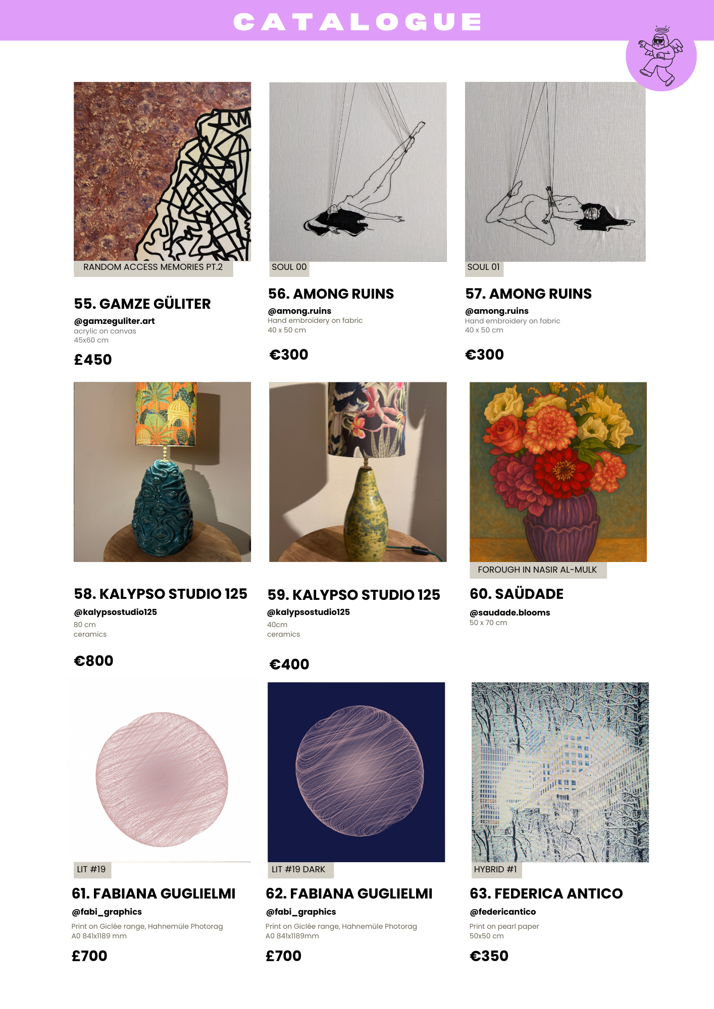 A catalog page displaying various art pieces, including paintings, ceramics, and prints. The artworks feature abstract designs, floral motifs, and urban landscapes. Prices range from €350 to €800, with artists' names and dimensions listed.