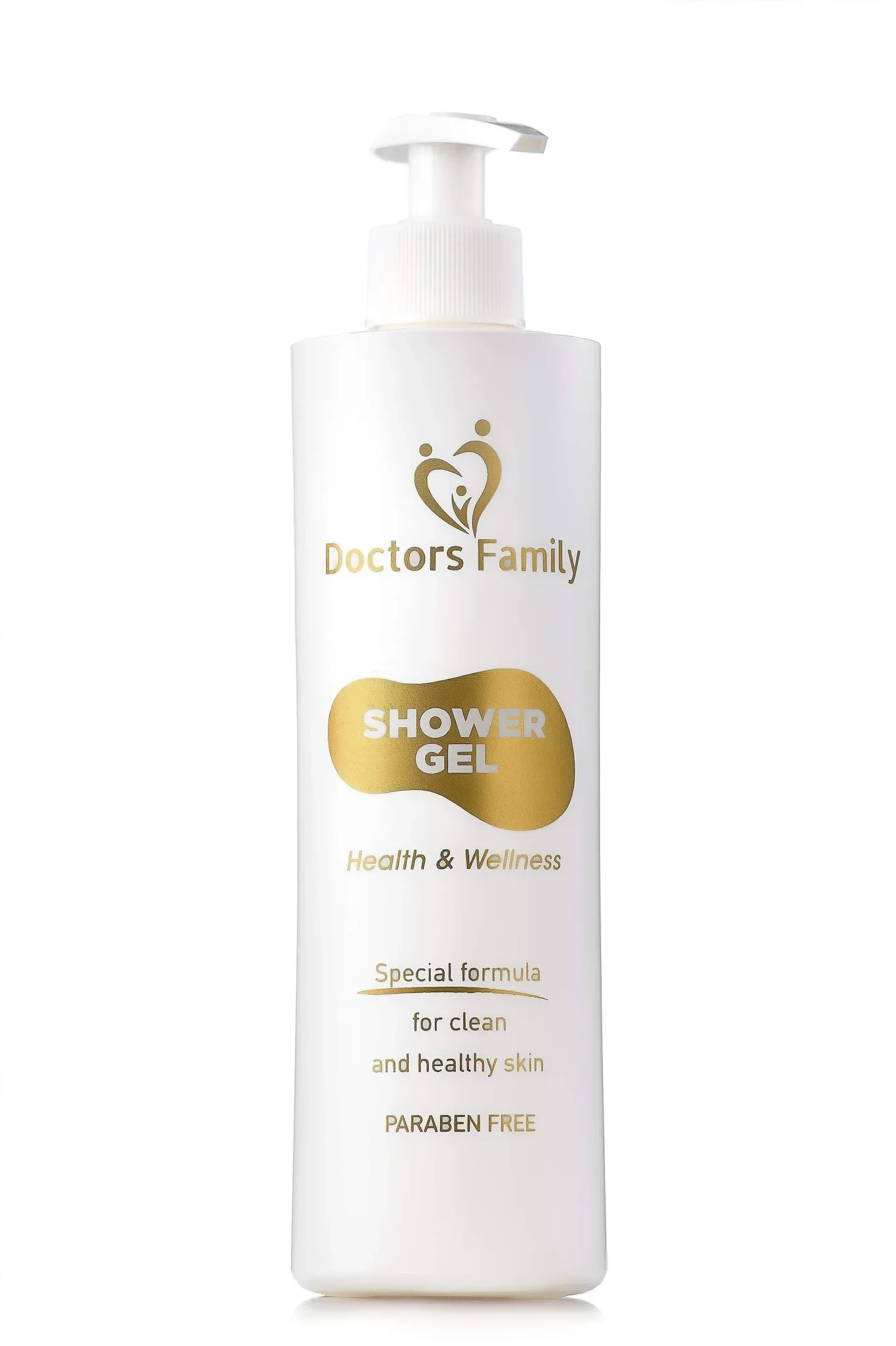 Commercial skincare photography by Vasilis Geravelis για το Doctors Family Shower Gel. Στούντιο φωτογράφιση προϊόντος προσωπικής περιποίησης σε λευκό φόντο για διαφημιστικό κατάλογο.
