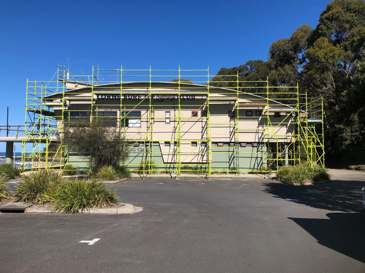 Lorne Surf Club with Lime scaffolding and blue sky