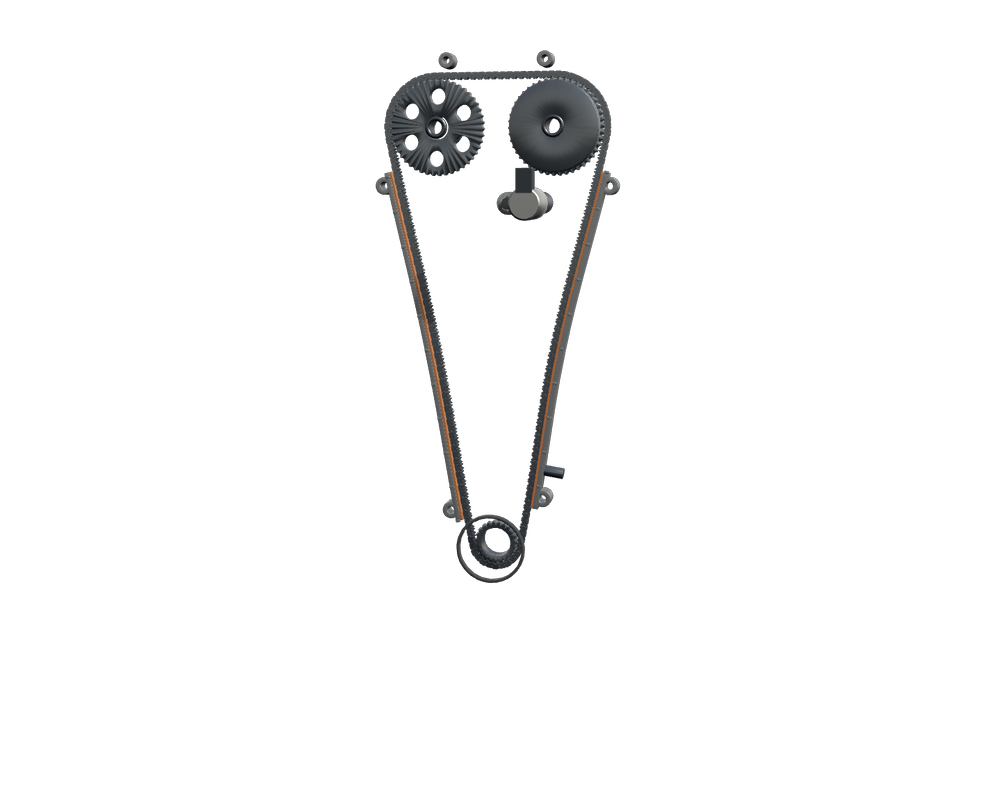 Educational timing-chain presentation with cam sprockets and crank sprocket.