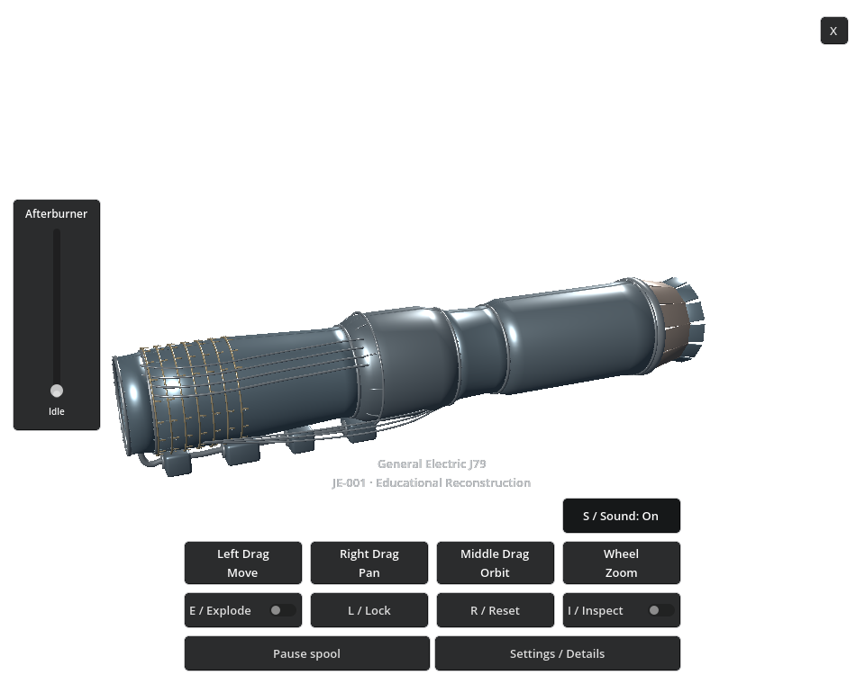 Actual transparent J79 desktop application capture with move, pan, orbit, zoom, Lock, Reset, Inspect, Explode and Sound controls.
