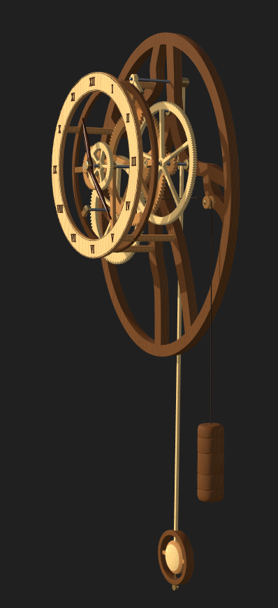 Three-quarter view showing the depth between the clock face, gear train and rear frame
