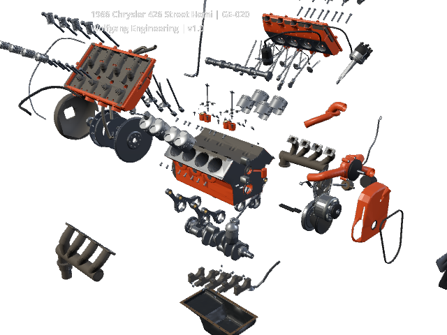 GE-020 1966 Chrysler 426 Street Hemi V8 RC03 Exploded view.