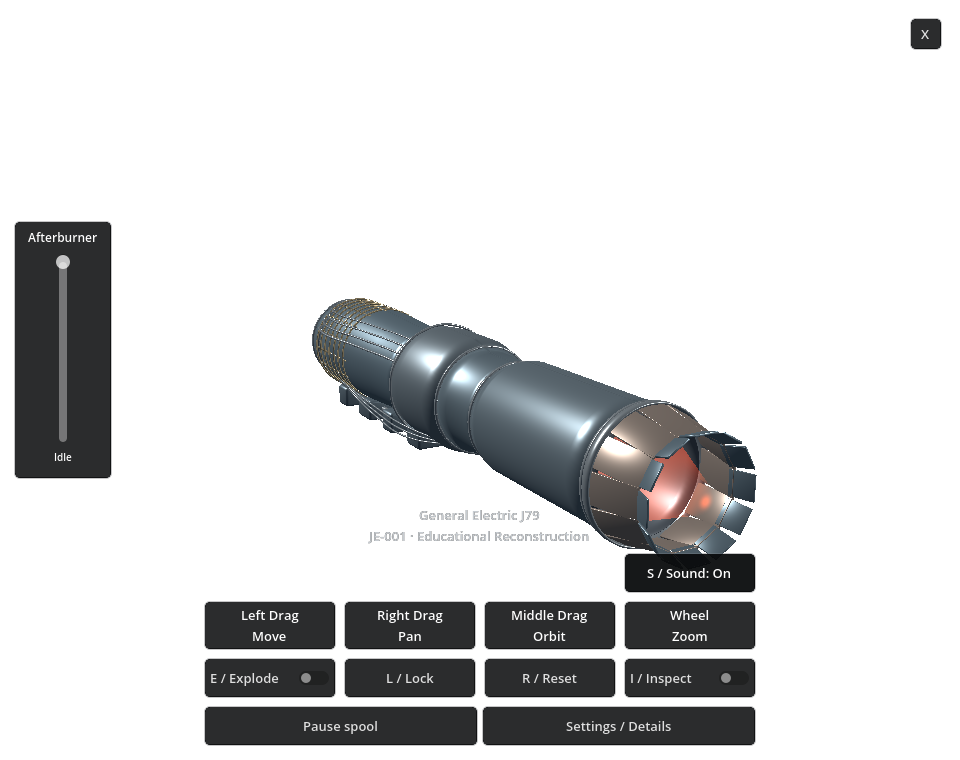 General Electric J79 desktop model at illustrative Afterburner power with contained exhaust glow and its power slider.