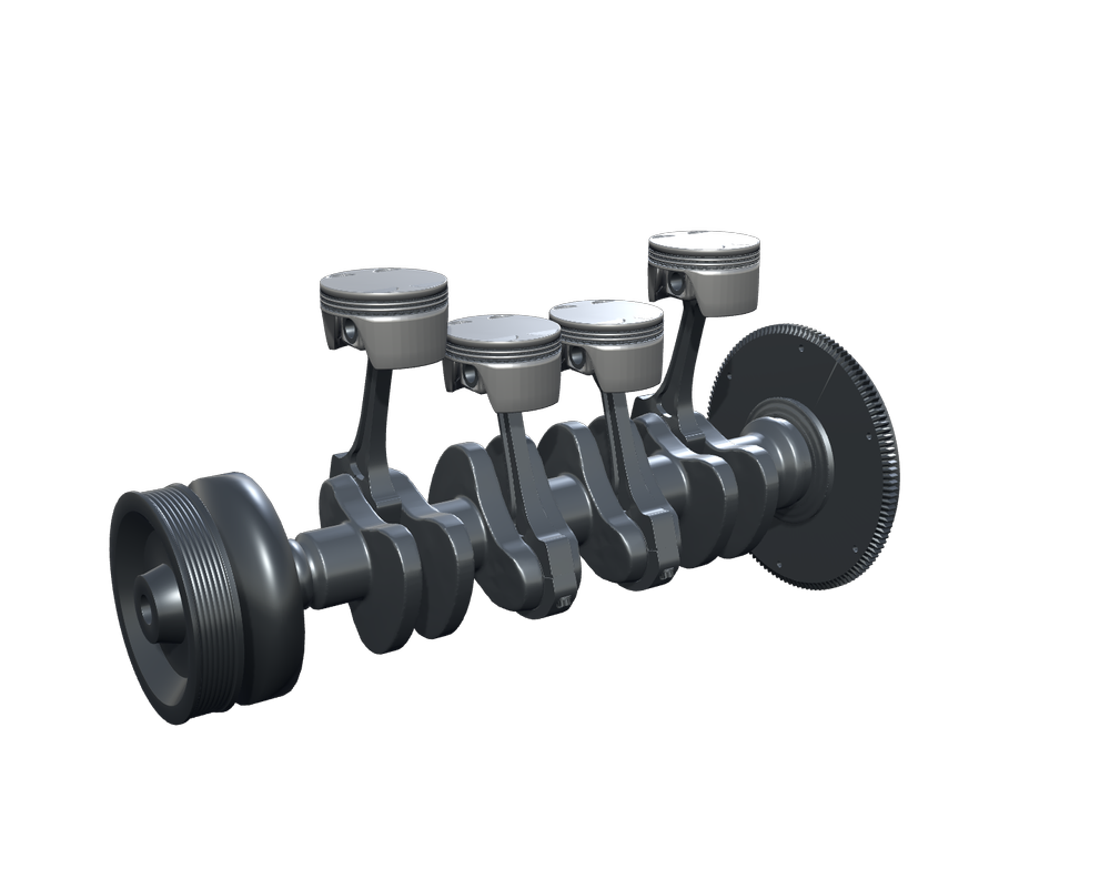 Rotating assembly detail showing four pistons, connecting rods and crankshaft.
