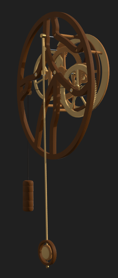 Rear view of the complete 3D clock with modeled frame, gear train, weight and pendulum