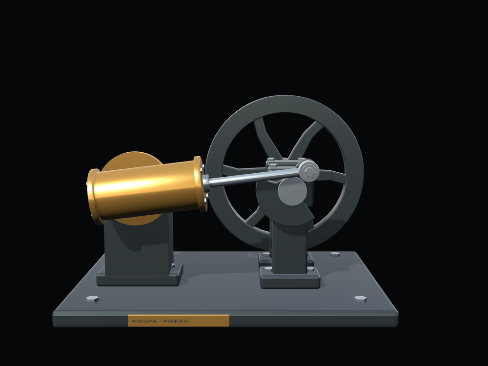 Front view of the SE-001 cylinder, piston rod, crank and flywheel