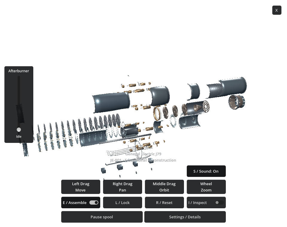 General Electric J79 educational exploded view with major components separated and actual interactive controls visible.