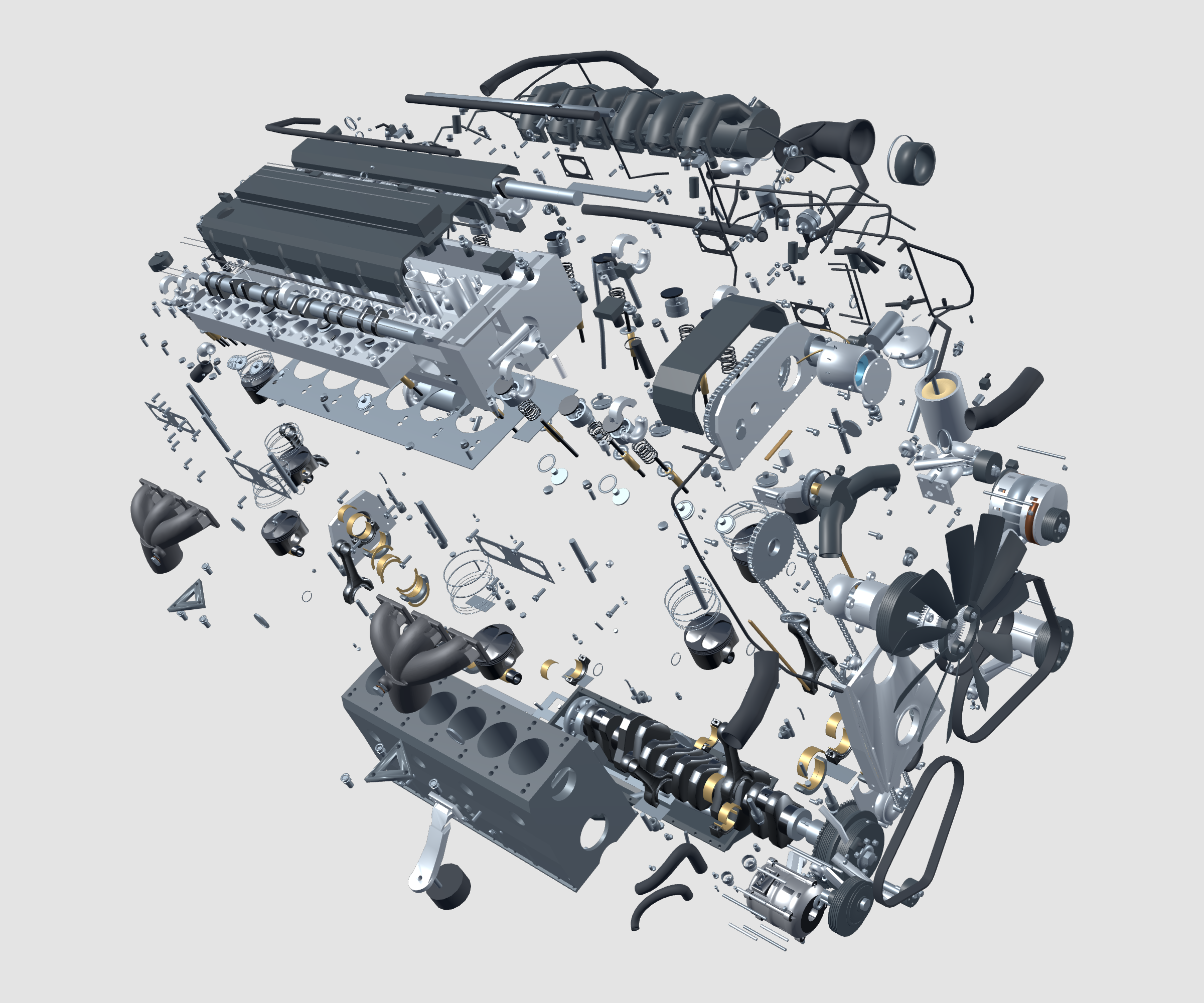 1993 BMW M50B25TU inline-6 educational model — Full exploded assembly