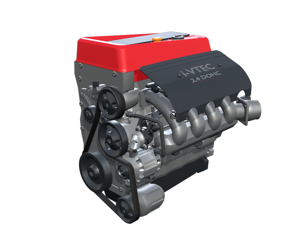 Honda K24 TSX Engine educational desktop model, assembled three-quarter view with red presentation valve cover.