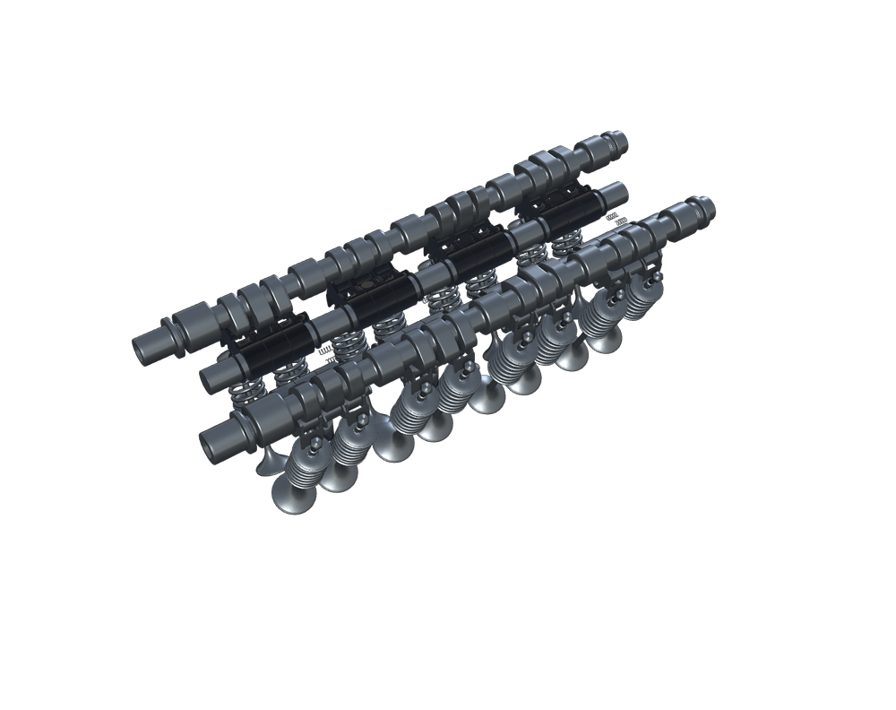 DOHC camshafts, rockers, valves and springs in the educational valvetrain representation.