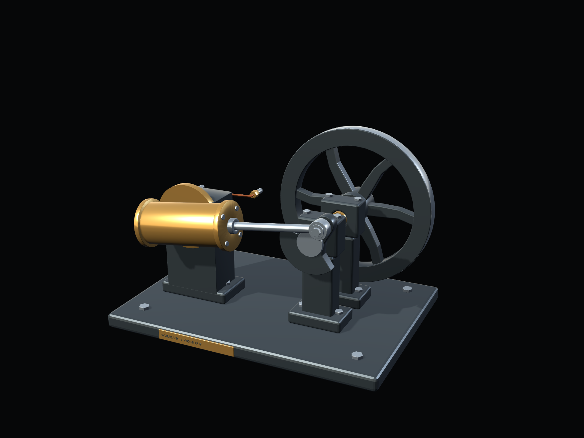 SE-001 wobbler engine with gold cylinder, crank and flywheel