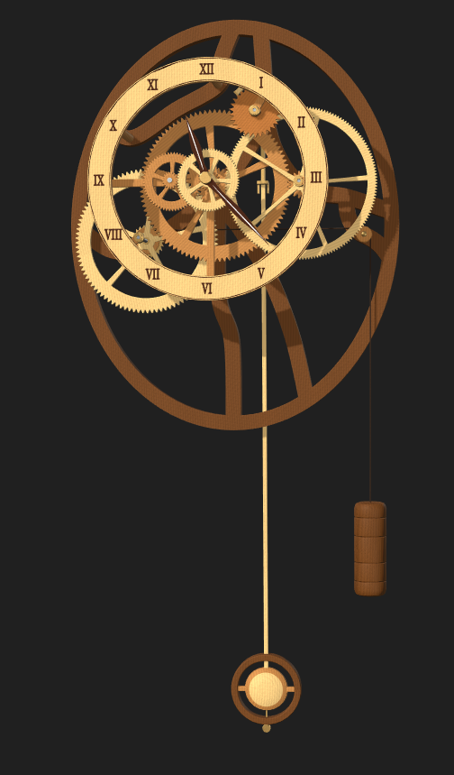 Front view of Open Frame Clock showing the complete clock, hanging weight, and pendulum
