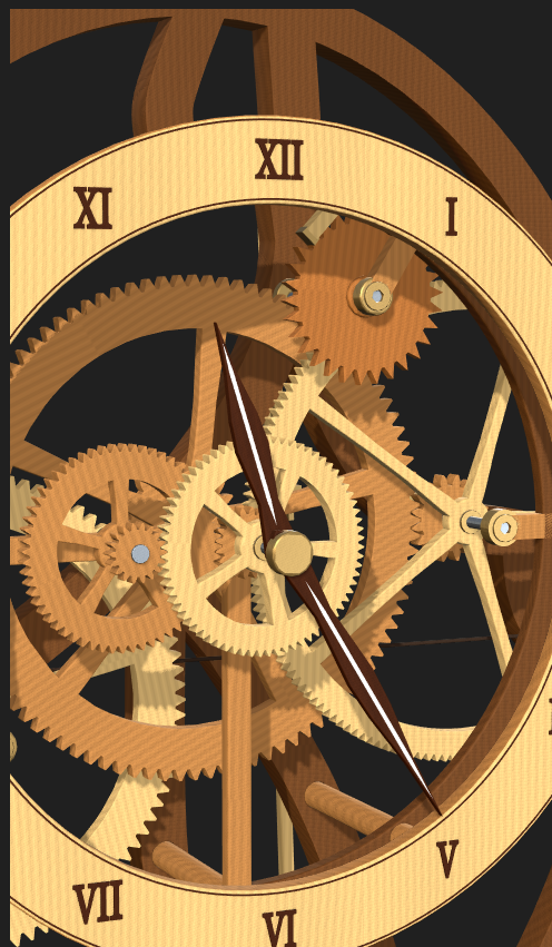 Close-up of the Roman numeral face, clock hands, meshing gears, shafts and bushings
