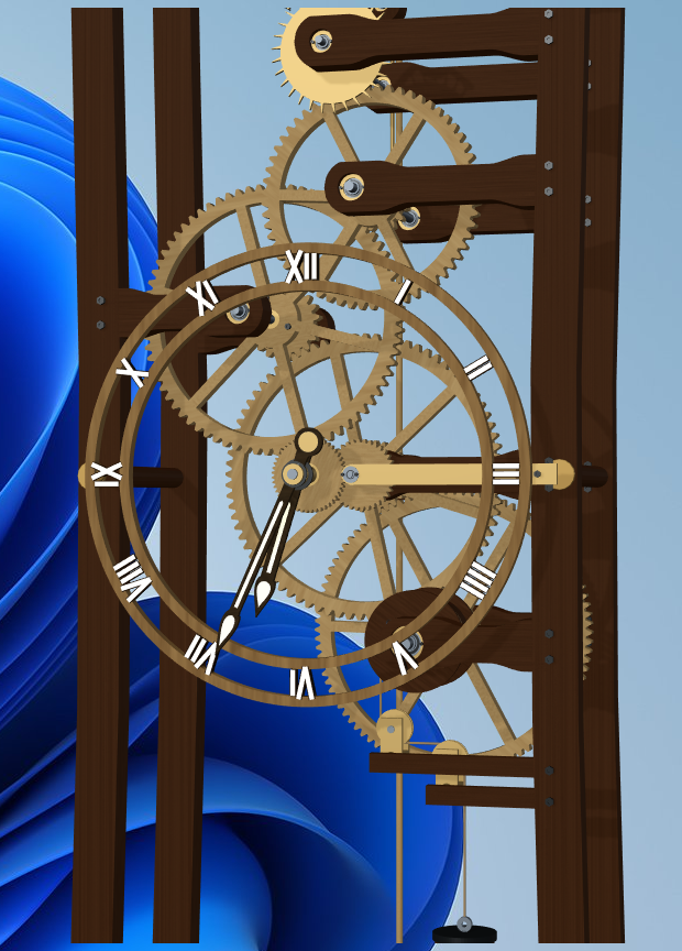 Close-up · The wooden gears and clock face.