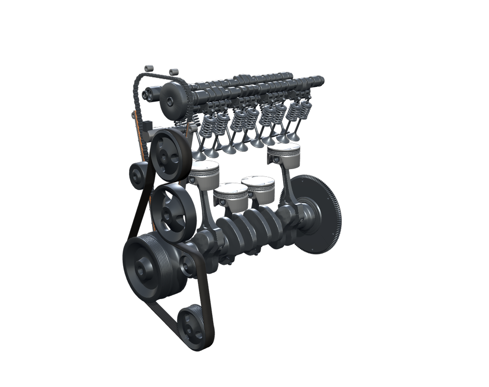 Inspect view exposing the animated crankshaft, pistons, rods, DOHC valvetrain and timing system.