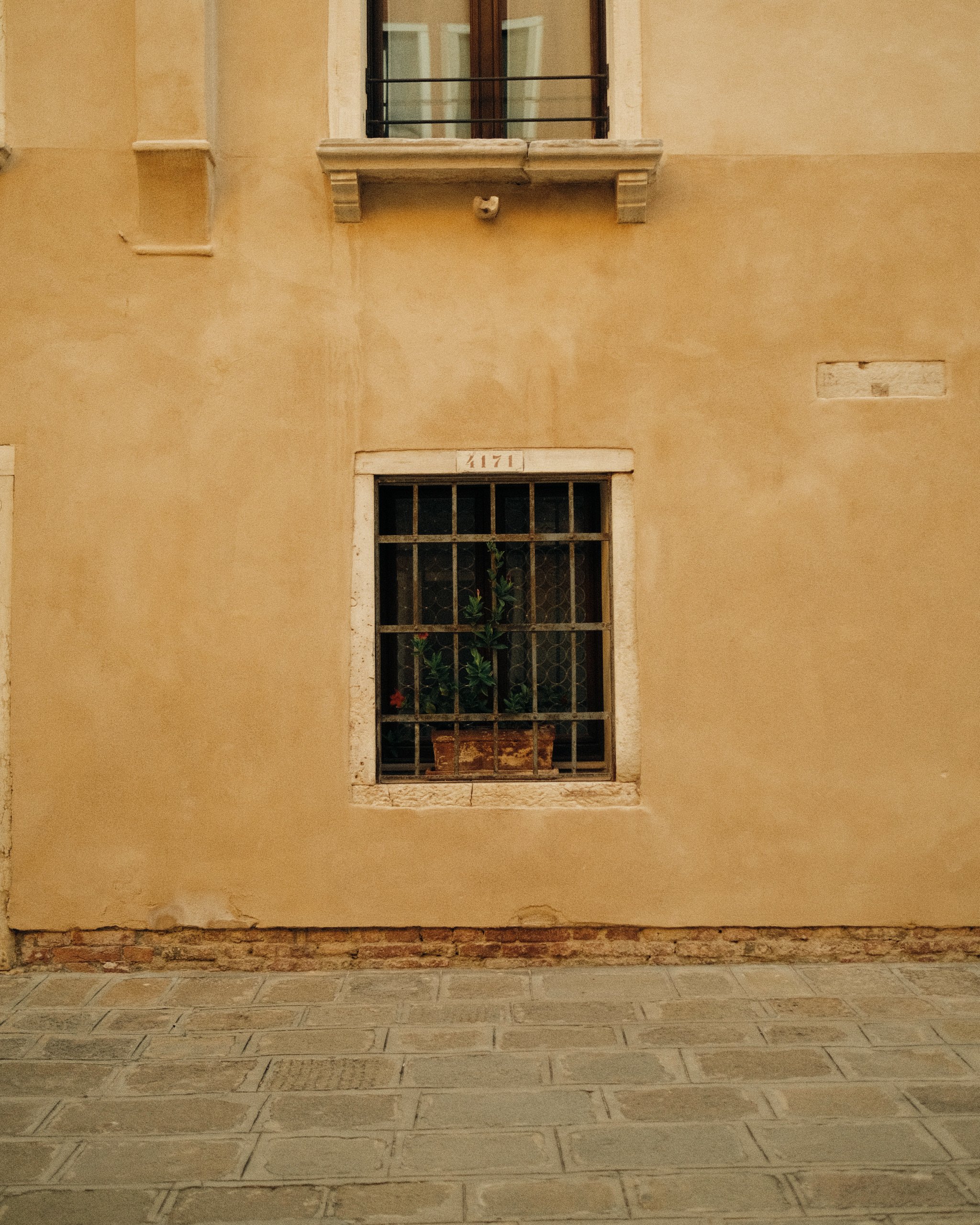A beige wall with a small window secured by black metal bars and a potted plant inside. A stone ledge and a small decorative object are located above the window, with a barcode number '4171' painted on the window frame. The bottom of the wall has a r