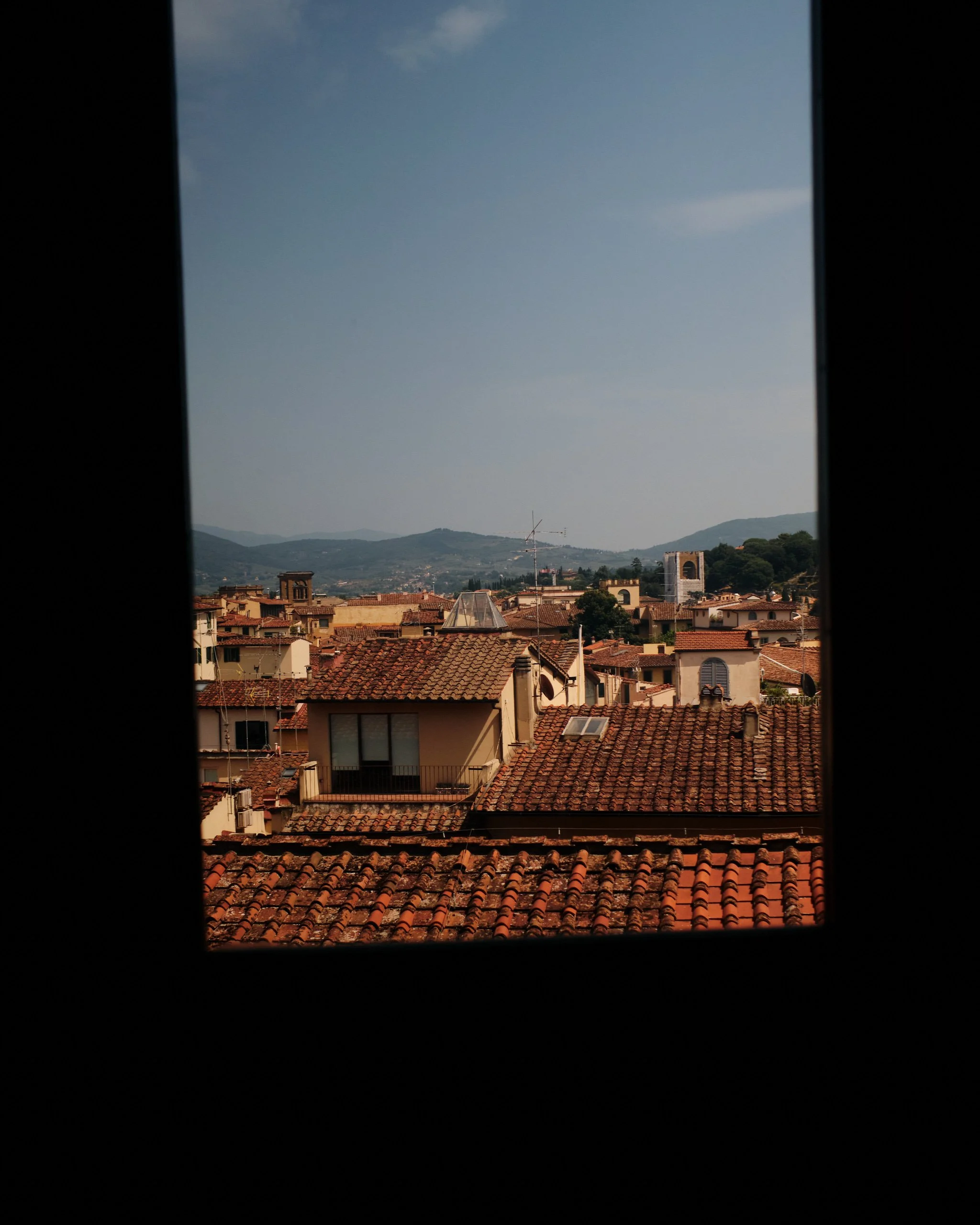 View of rooftops and distant hills through a window with black framing, partly cloudy sky.