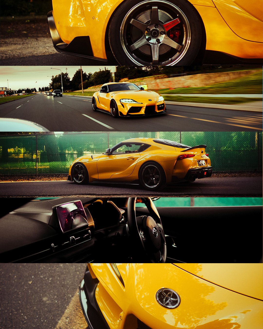 A collage of a yellow Toyota Supra Sports car from different angles, including the front, side, interior, and close-ups of the wheel and logo.