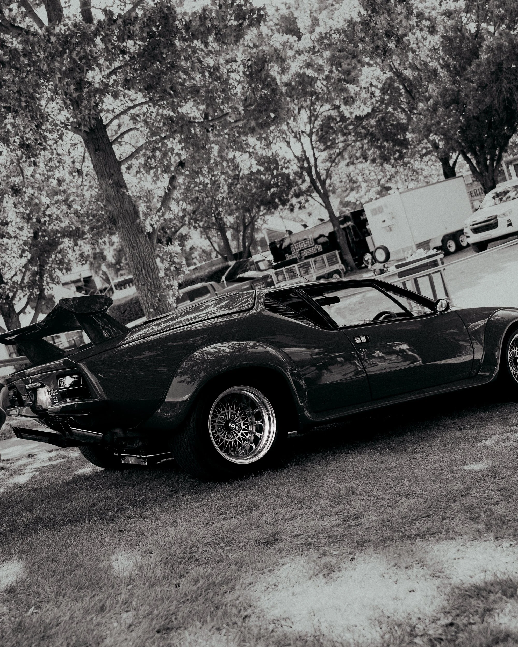 Black sports car with a spoiler parked on grass in front of trees and other parked cars in a lot.