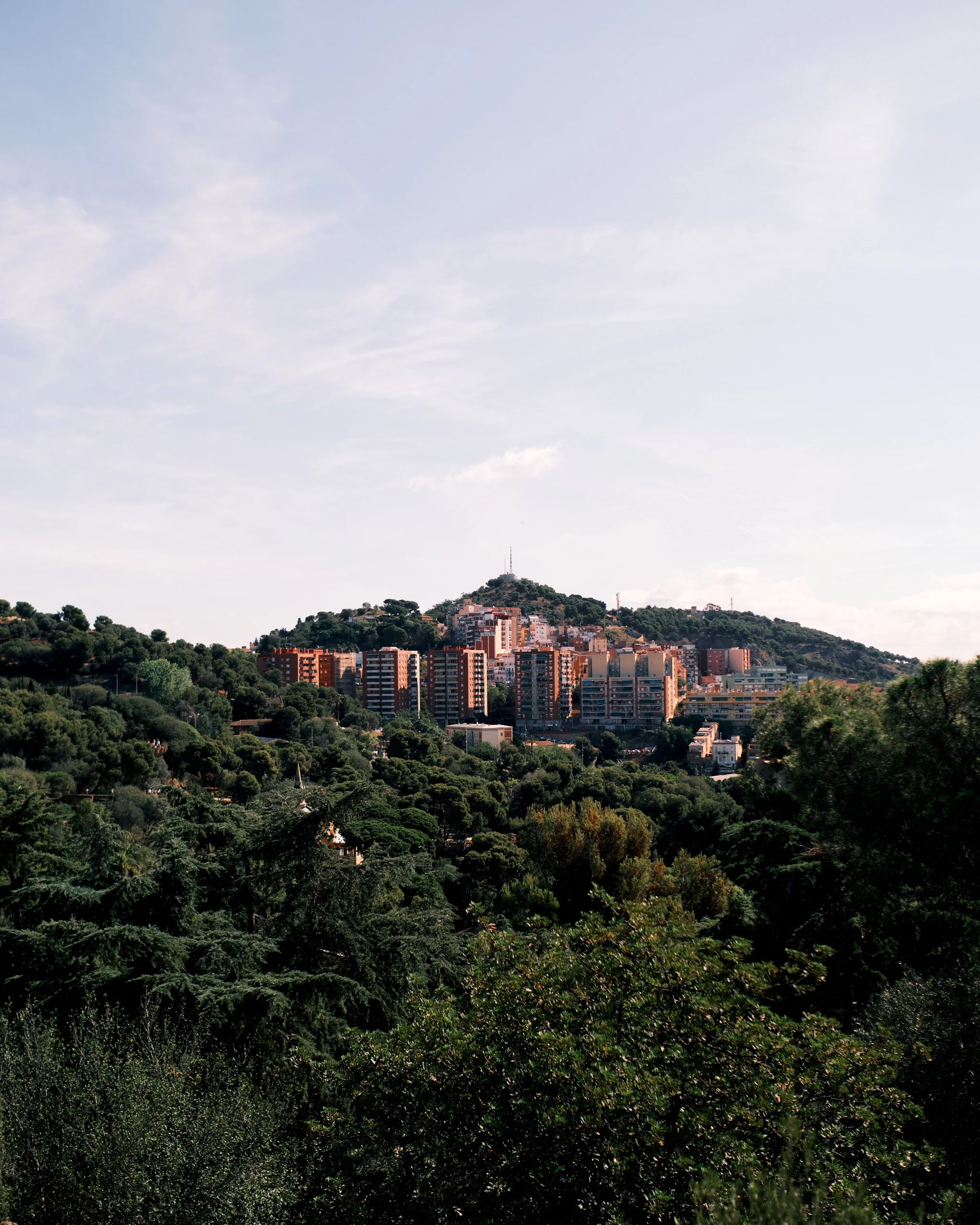 Cityscape with tall buildings on a hillside and lush green trees in the foreground under a partly cloudy sky.