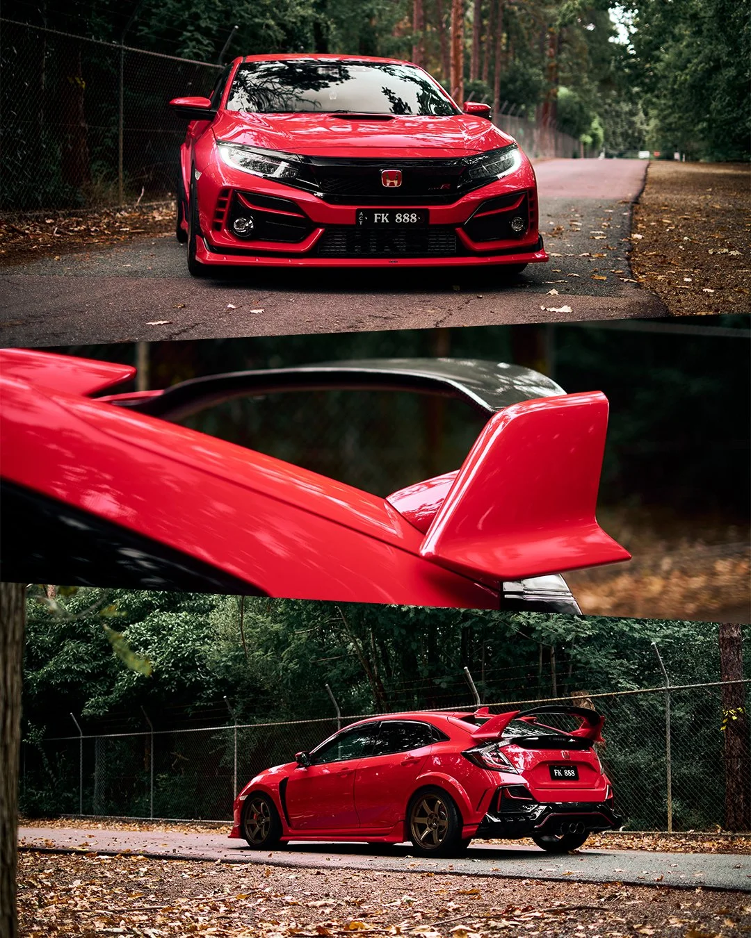A red sports car with a large rear wing is parked on a dirt road surrounded by trees. The car has black accents and custom wheels, with a low and wide profile.
