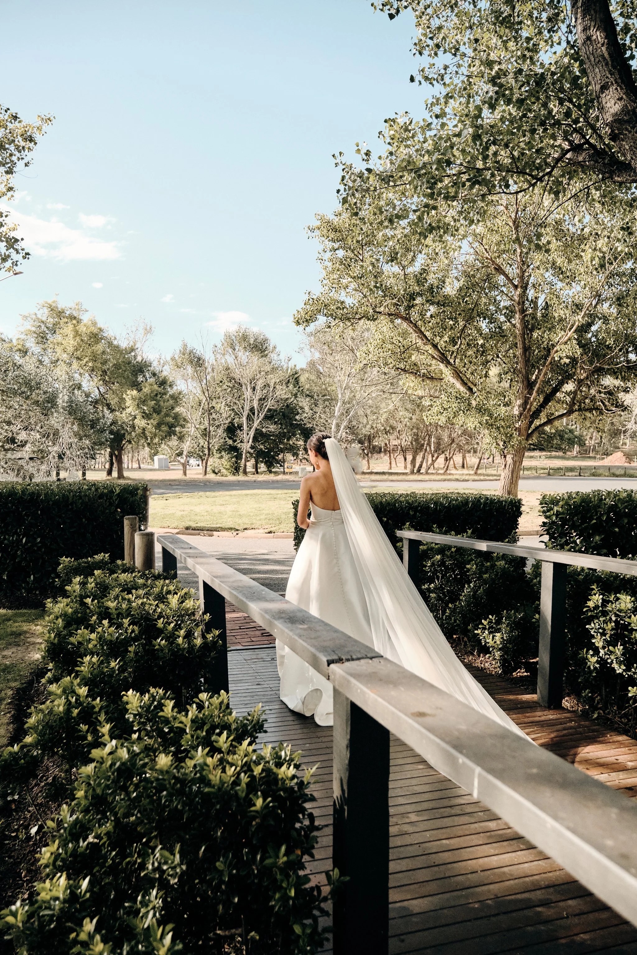 A bride in a strapless white wedding dress and veil standing on a small wooden bridge in a park with trees and a clear sky.