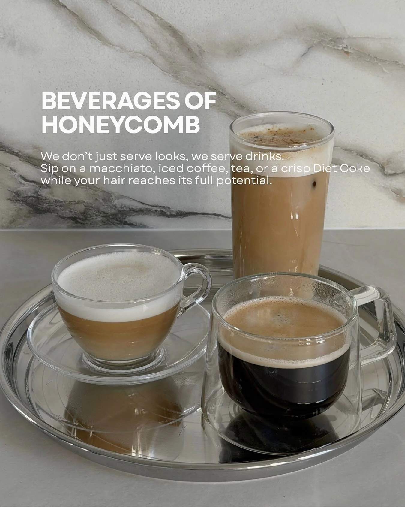 We don&rsquo;t just serve looks, we serve beverages.
Esspresso beans @calibercoffeeyqr &mdash;Check.
Tea? Always.
Diet Coke? Obviously.
Pick your vibe. We&rsquo;ll handle the hair magic 🪄

@calibercoffeeyqr @honeycombhairyqr
Full menu &mdash; honeyc