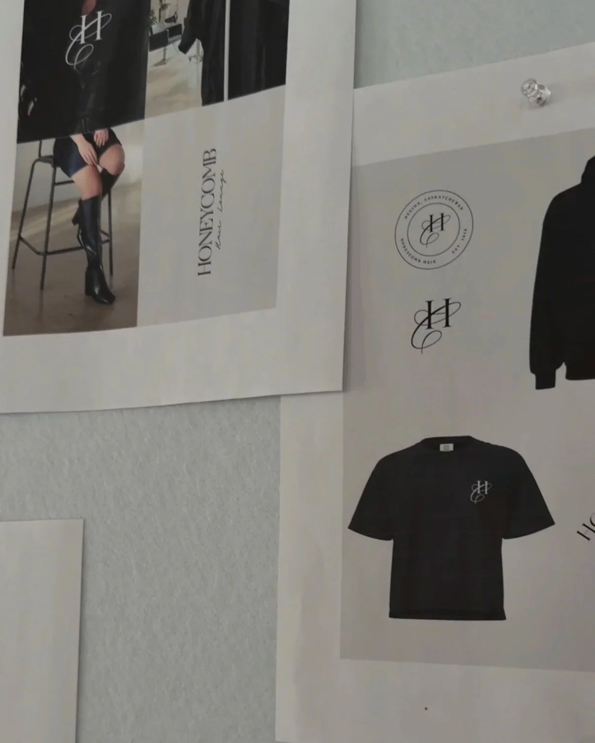 Business cards, certificate, and a design for a black T-shirt with a logo that features the letters H and P intertwined. The cards contain the text "HONEYCOMB" and the logo.