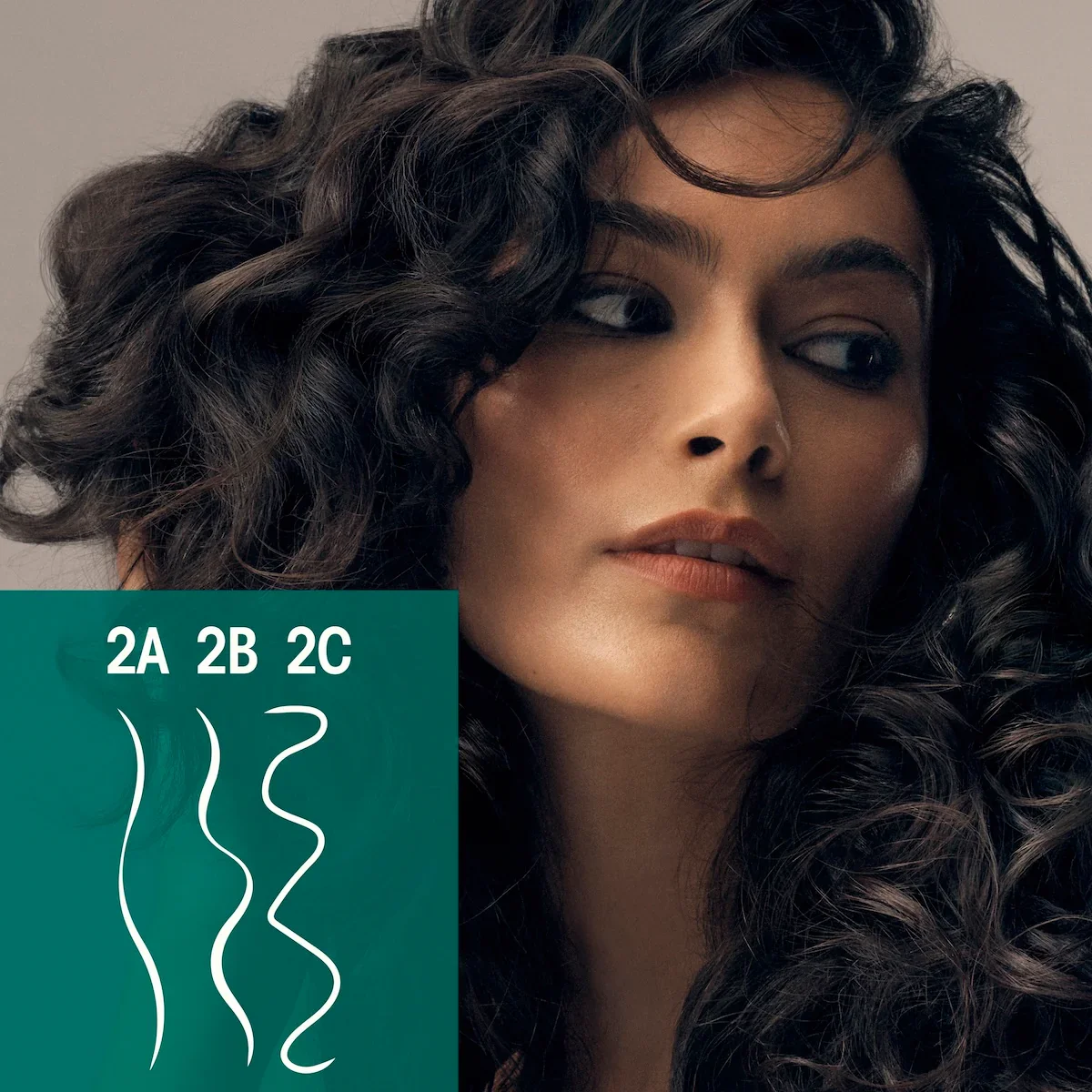 Close-up of a woman with curly dark hair, makeup, and a neutral expression, next to a graphic illustrating different hair parting styles labeled 2A, 2B, and 2C.