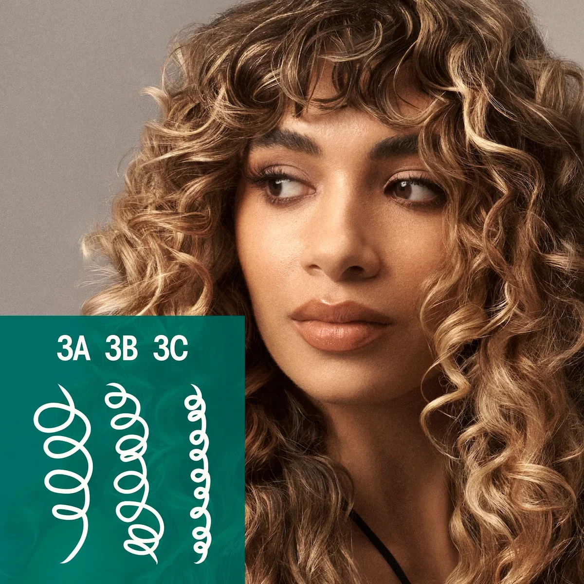 Close-up of a woman with curly hair looking to the side, with a green overlay showing hair curl patterns labeled 3A, 3B, 3C.
