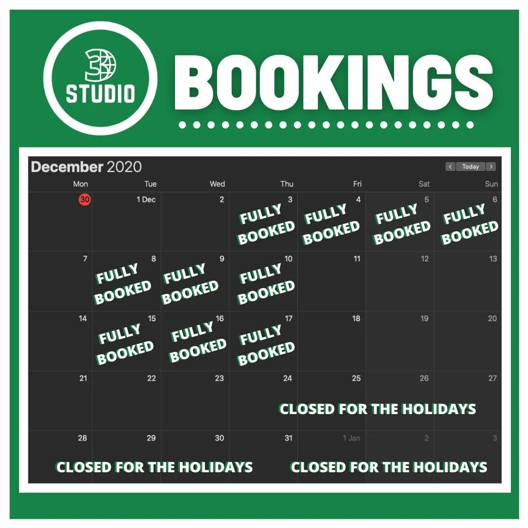 THANK YOU for all of the support since we launched our social media last week! 

✨ Here is our schedule for over the holidays! Again, the last day to get a scan in time for Christmas is the 14th of December otherwise we can&rsquo;t guarantee that the models will be created in time! 🎄

📣  Other than that our schedule is here for the rest of the month and we will be closing the office from the 24th-5th! You can book a time to get scanned through our website or DM us! 

www.3dstudio.nz

#Christmas #3DScan #3DFigurines