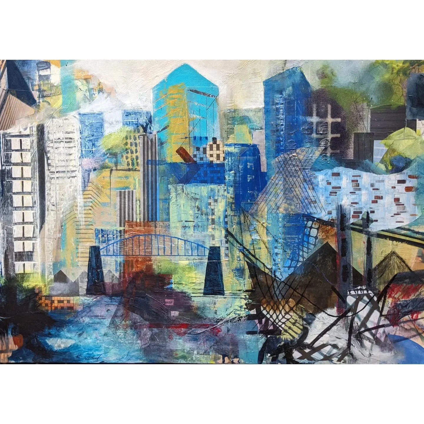 This is a mixed media work including collage of a collation of sketches I made of downtown Sydney when visiting family there last year.  I am delighted that someone else also felt my feelings for this very special place and recently bought this work.