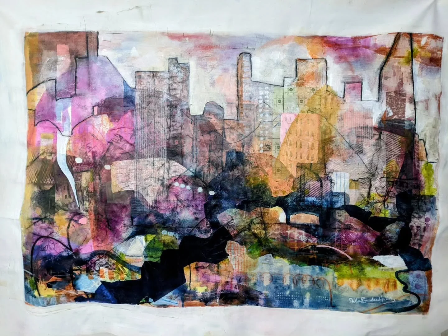 The canvas now vertical!  To be stretched over a frame at its destination.
 85x125cm
A learning challenge using the canvas alone. Many layers, many glazes. 
@stellabawdenhollisart

#largepainting #cityscene #mixedmediaart #artchallenges #layering