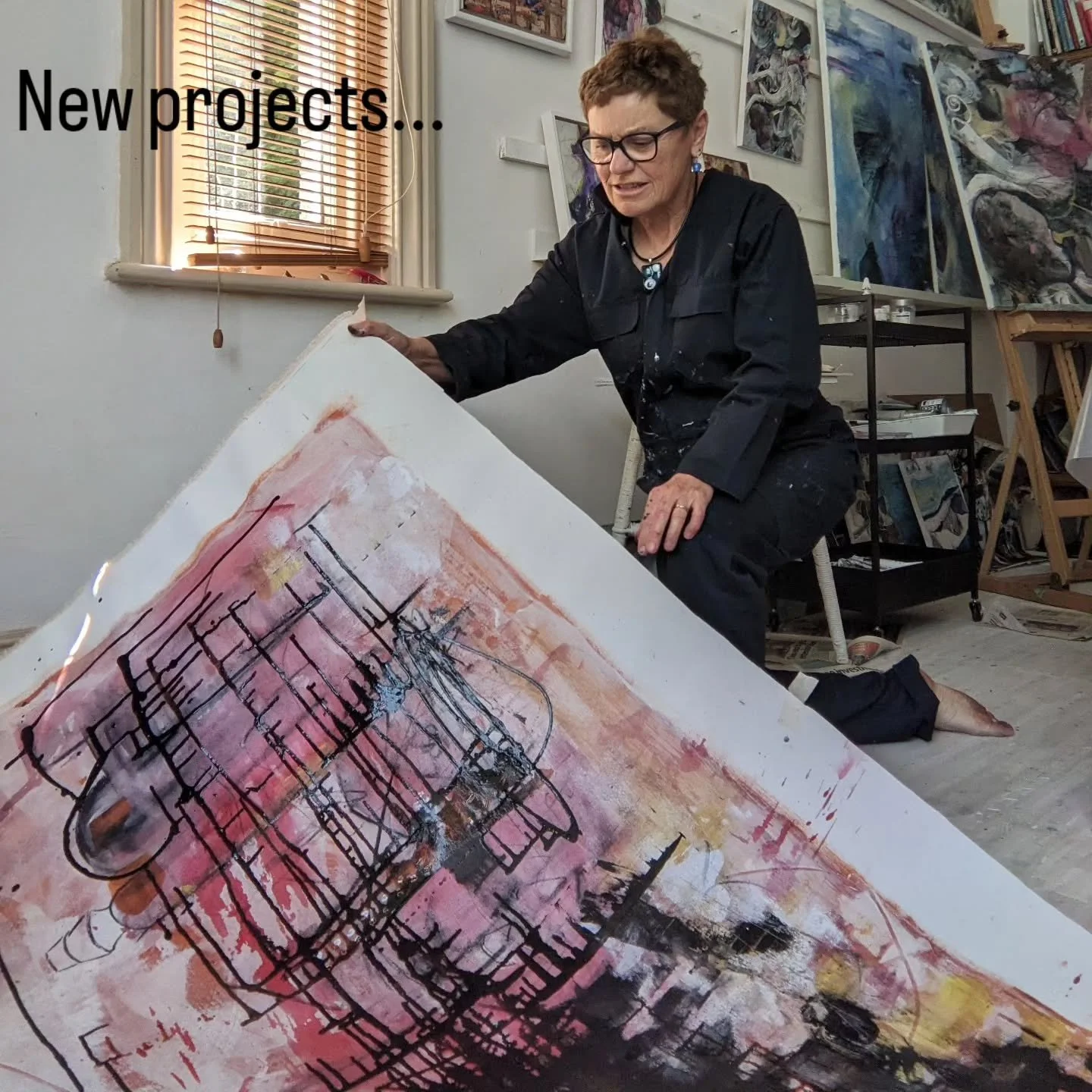 Onto new projects;  a large canvas. 85x125cm so I decided to paint it on the floor. Also I plan to send it abroad so being able to roll it up and send it easily in a tube to be stretched at the other end seemed a sensible idea.  It was tricky to get 