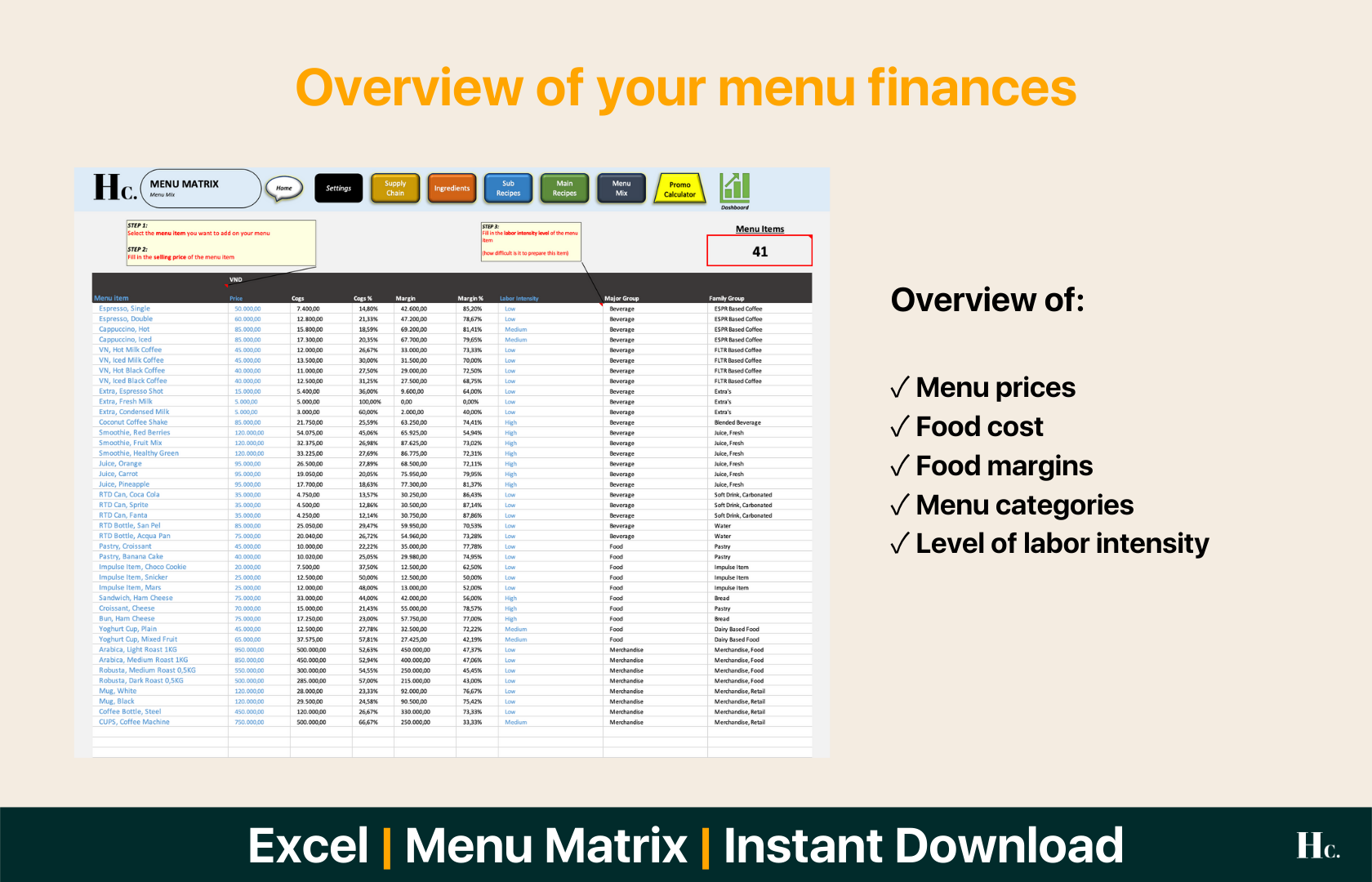 Menu Matrix Restaurant Inventory & Food Costing Excel Template