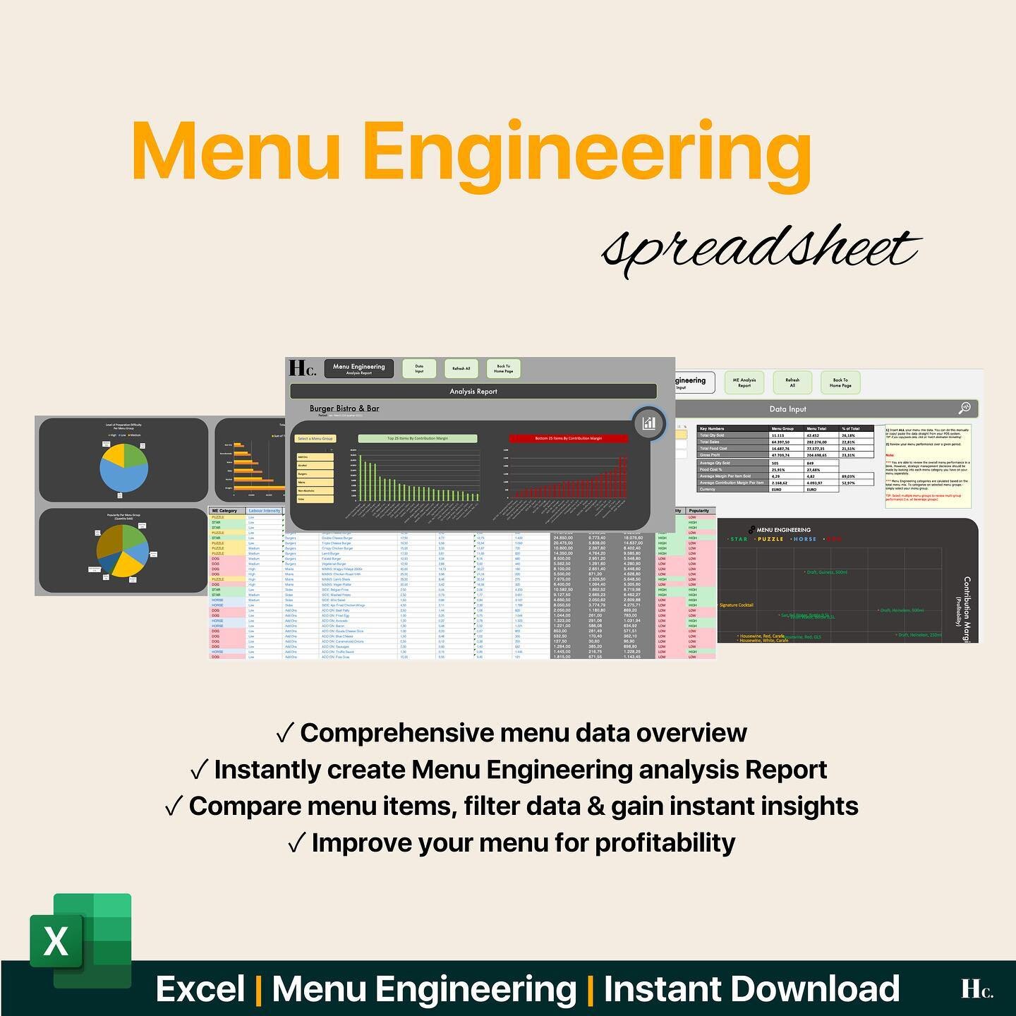 We are excited to present our new Menu Engineering Tool! 🚀

This Excel Template is perfect for restaurants, bars, and cafes that want to analyze and optimize their menu's profitability.

The Template offers an automated analysis of each item's perfo