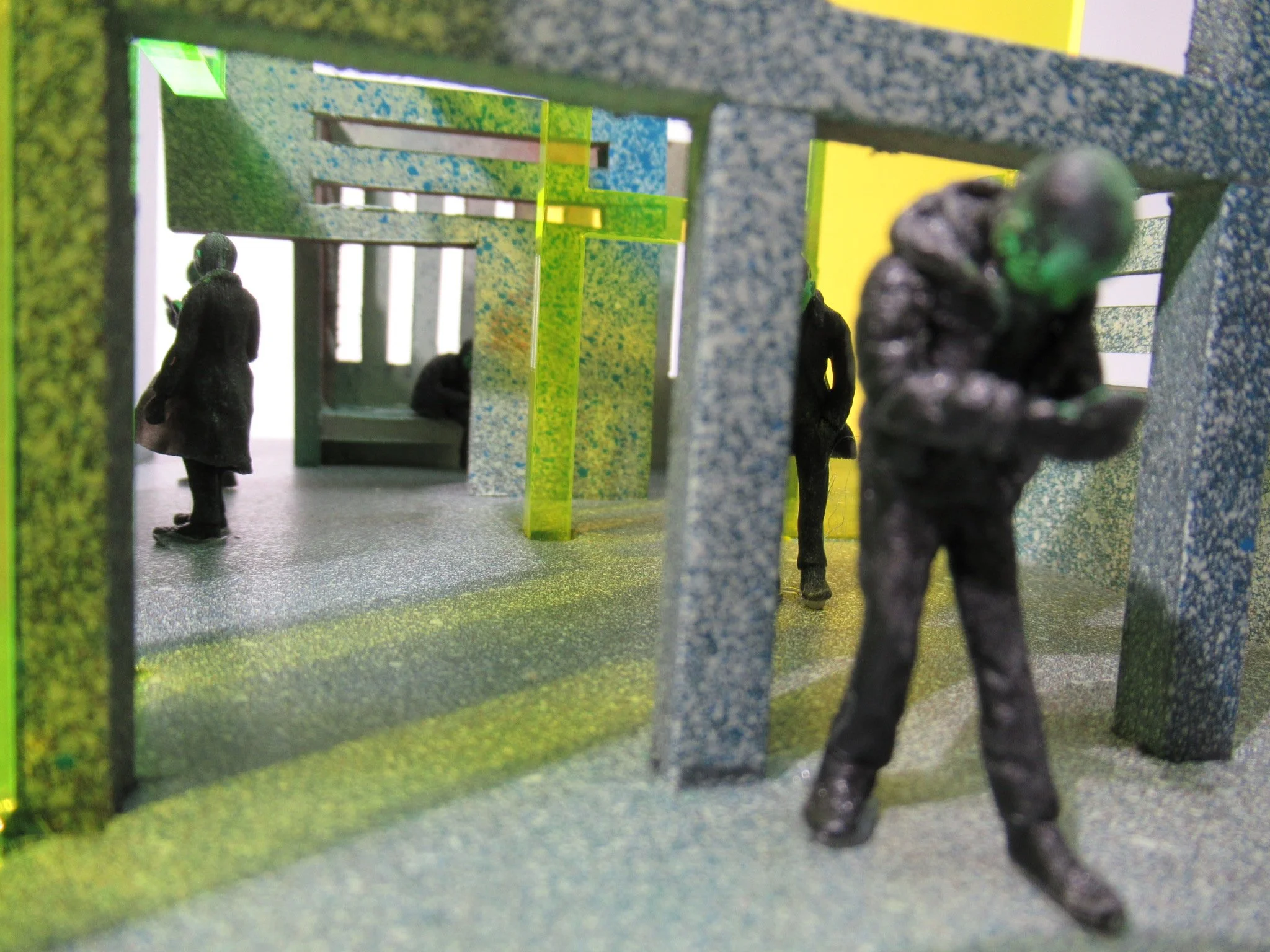 Views of figures within their 'inner-outer worlds', 3D printed in polyjet resin, hand-painted., tallest standing figure: 3.5cm