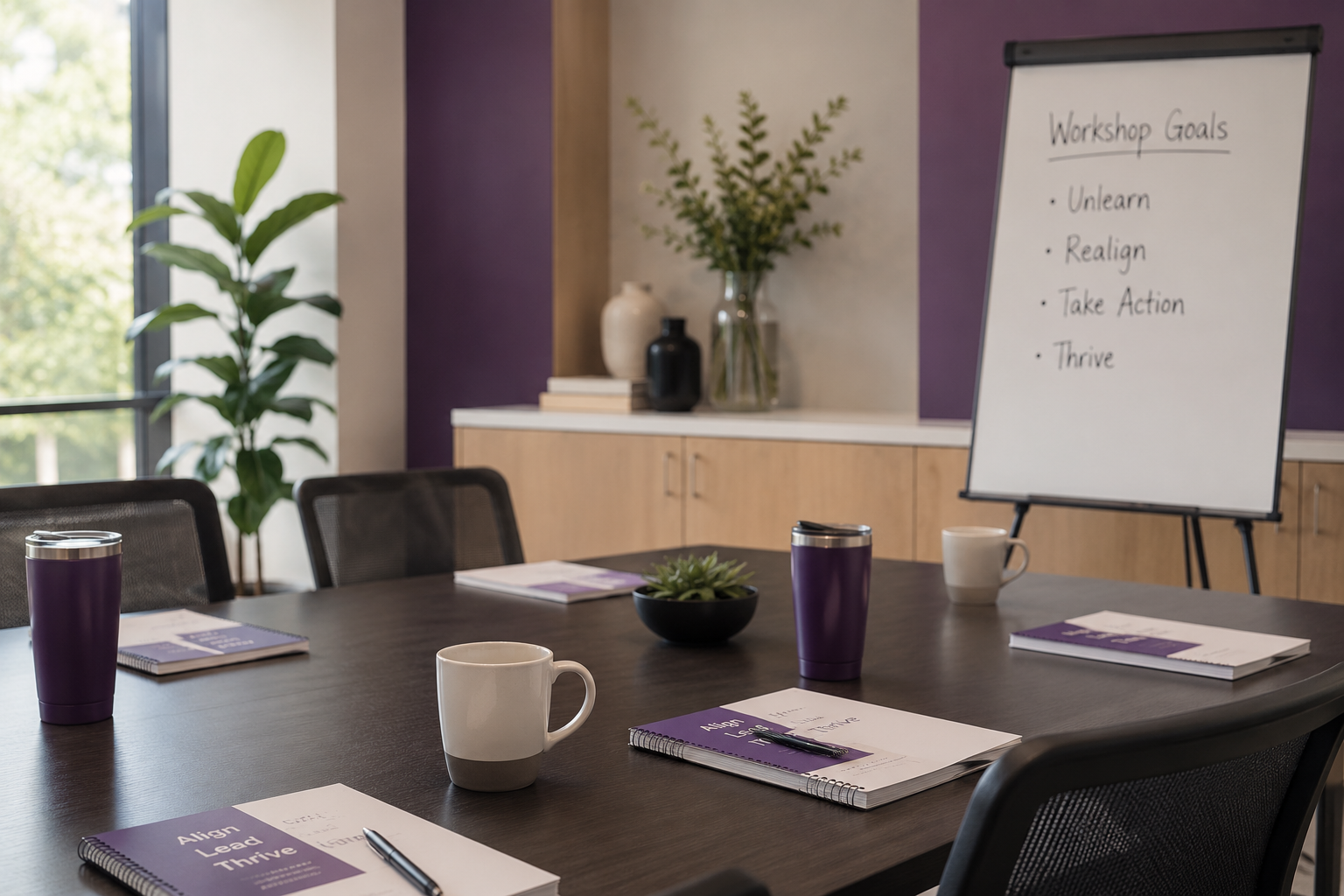 A conference room with a large table, notebooks, pens, coffee mugs, and purple tumblers. A whiteboard with handwritten workshop goals, a potted plant, and decorative vases with flowers are visible.