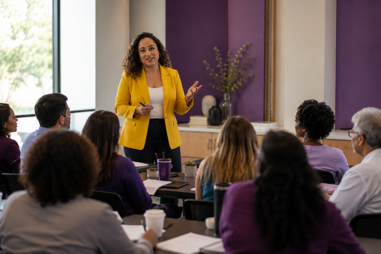 A woman in a yellow blazer giving a presentation to a group in a conference room.