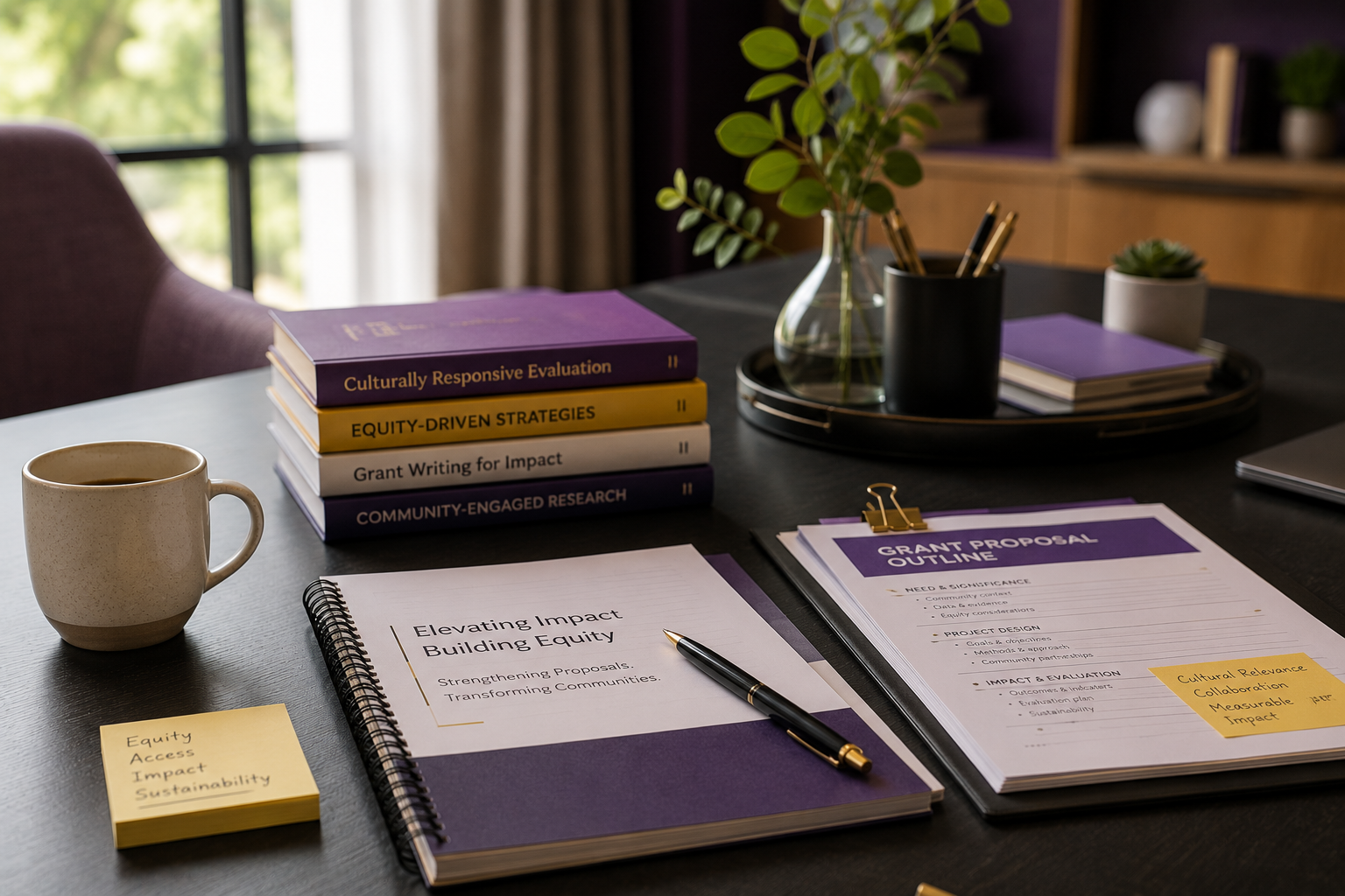 A work desk with a stack of books, a notebook titled 'Elevating Impact Building Equity,' sticky notes, a mug of coffee, a pen, and documents related to a grant proposal outline. The background has a window with natural light and some shelves with decorative items.