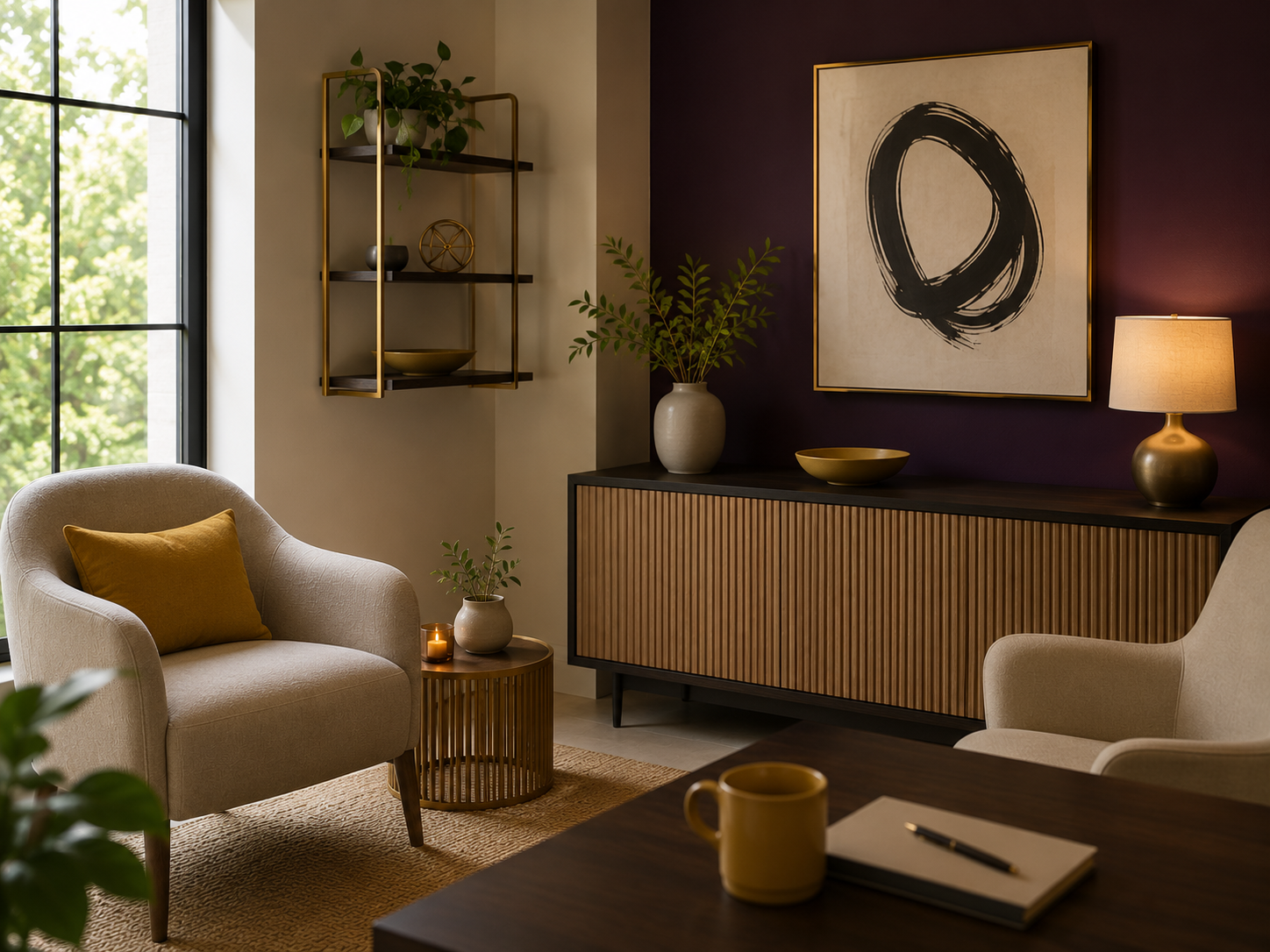 Living room with beige armchair, yellow pillow, small round side table with a candle and vase, large window showing greenery, wood sideboard with lamps and art, purple accent wall, and minimalist decor.