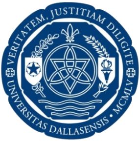 Seal of the University of Dallas featuring a central geometric pattern, surrounded by Latin motto, olive branch, star, torch, and book motifs.