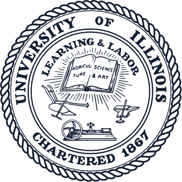 Seal of the University of Illinois featuring an open book, a chair, a plane, a ship's wheel, and a rake, with the text "University of Illinois," "Chartered 1867," and "Learning & Labor".