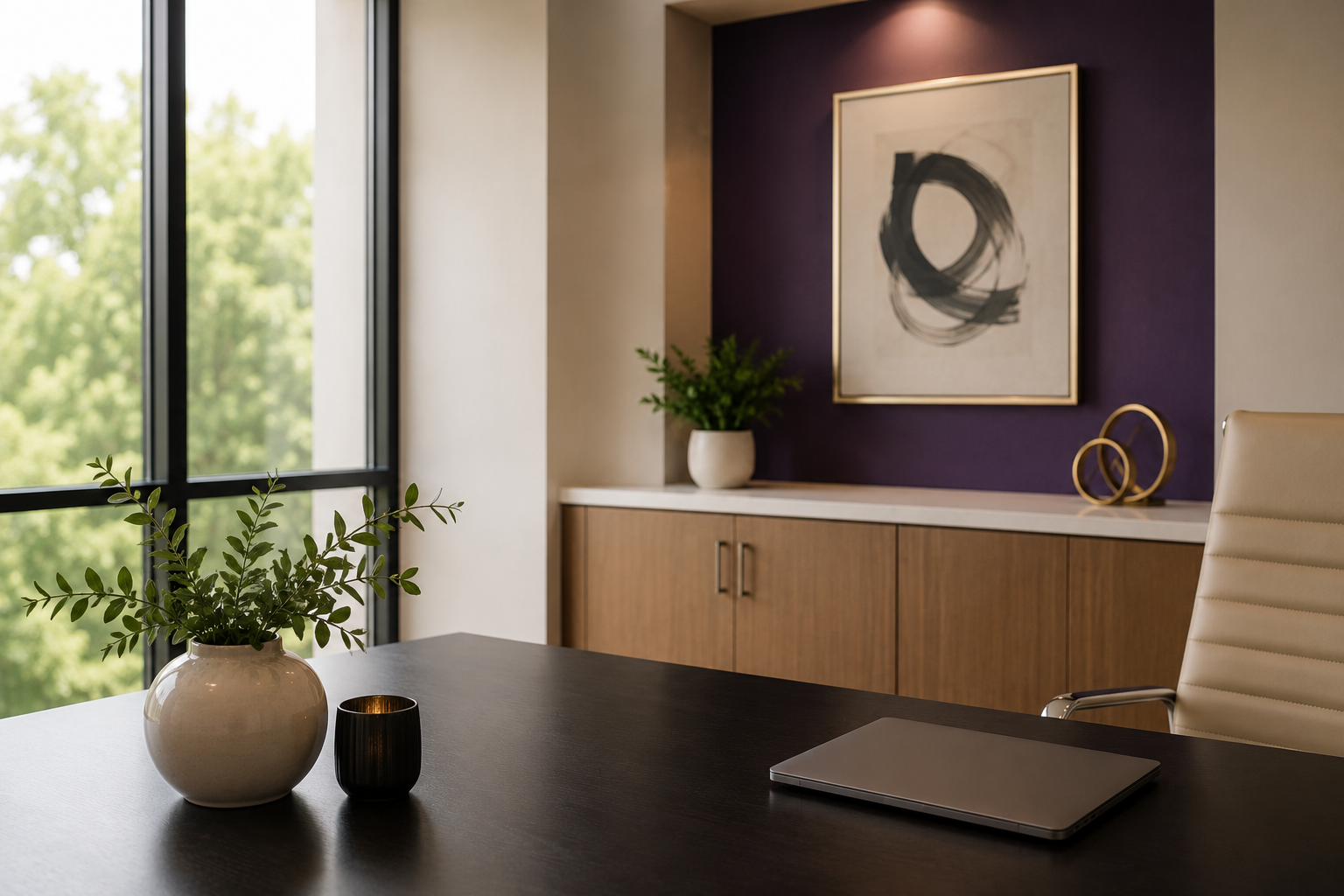 Modern office conference room with a dark wood table, a white leather chair, a laptop, a potted plant, a candle holder, and abstract artwork on a purple accent wall near a large window with a view of green trees.