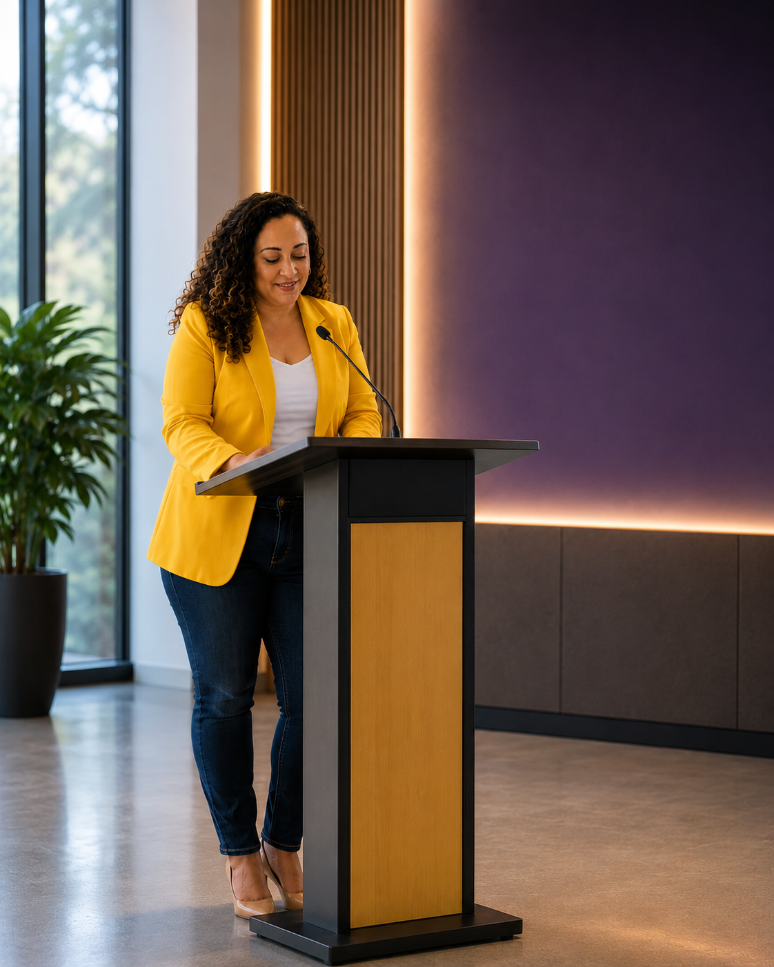 A woman in a yellow blazer and jeans stands at a podium in a modern conference room, smiling as she prepares to speak.