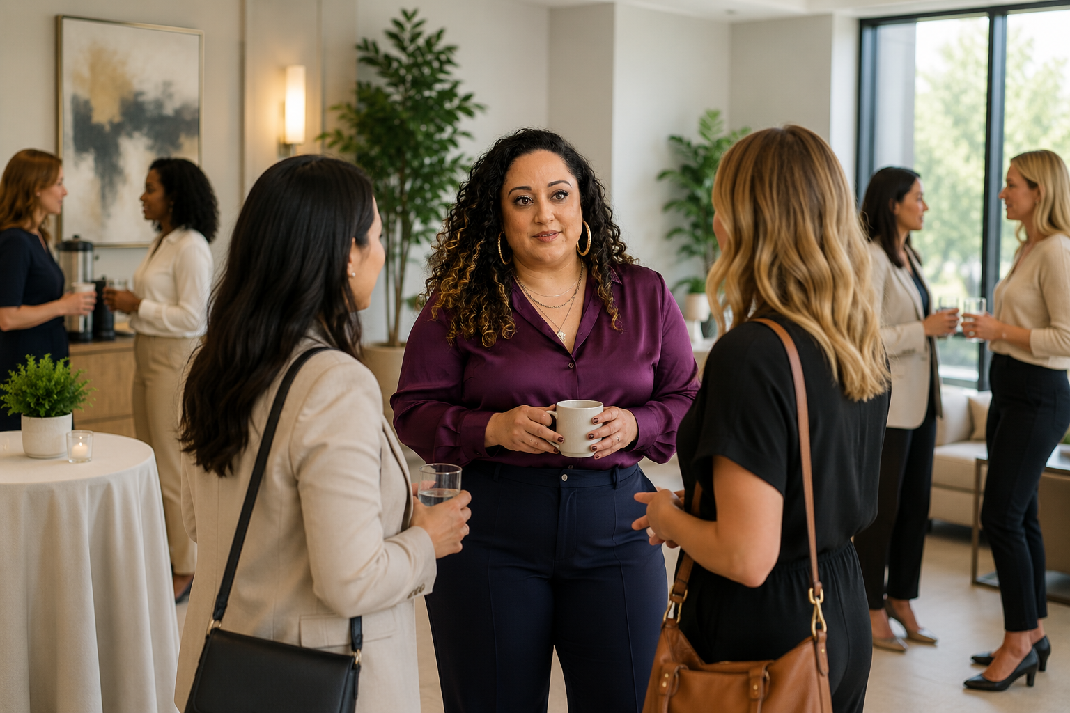 Women at a professional networking event chatting indoors with natural light coming in through large windows.