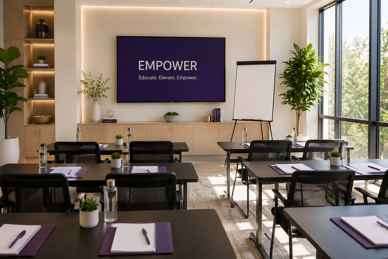 A modern conference room with a large digital screen displaying 'EMPOWER' with the words 'Educate. Elevate. Empower', a whiteboard on a stand, several tables with purple folders, notebooks, purple pens, and water bottles, and large windows showing trees outside.
